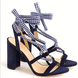 J. Crew Navy Gingham Wrap Around Block Heels